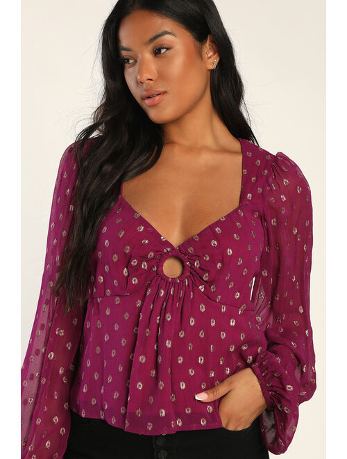 Lulus Give Us Glam Plum Purple and Gold Dot Long Sleeve Top