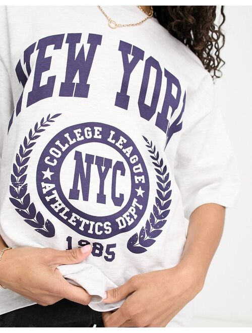 ASOS DESIGN oversized heavyweight t-shirt with with side splits with new york graphic in ice heather