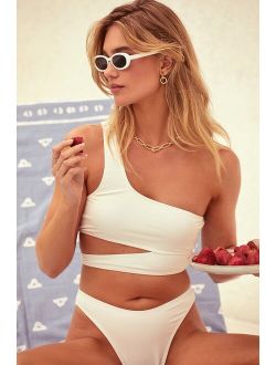 Sun and Games White One-Shoulder Cutout Bikini Top