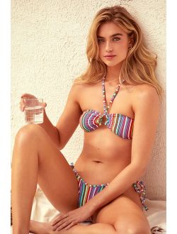 Summer Hues Rainbow Striped Crinkle Keyhole Halter Bikini Top