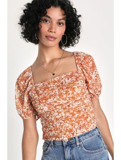Sweet Appearance Rust Orange Floral Ruched Puff Sleeve Top