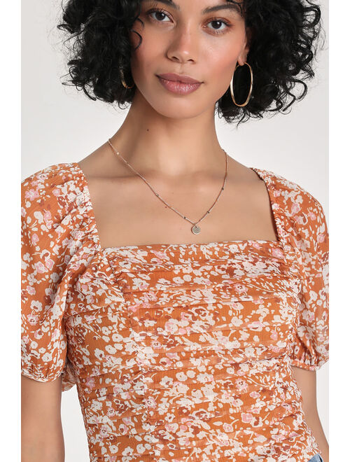 Lulus Sweet Appearance Rust Orange Floral Ruched Puff Sleeve Top