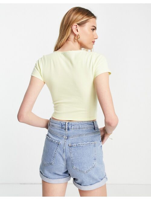 ASOS DESIGN fitted top with ruched front and tie detail in lemon