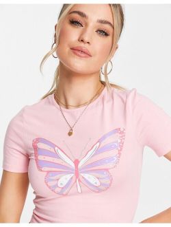 cropped butterfly print T-shirt in pink