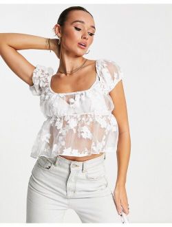 sheer floral jacquard baby doll top in white