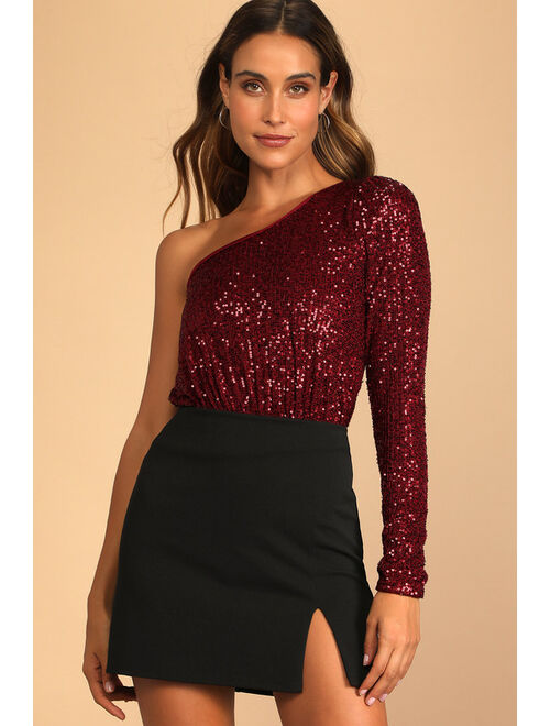 Lulus Dancing Diva Wine Red Sequin One-Shoulder Bodysuit