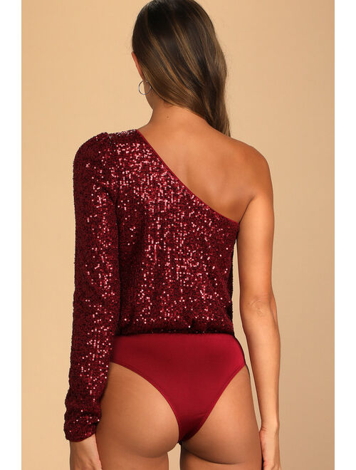 Lulus Dancing Diva Wine Red Sequin One-Shoulder Bodysuit