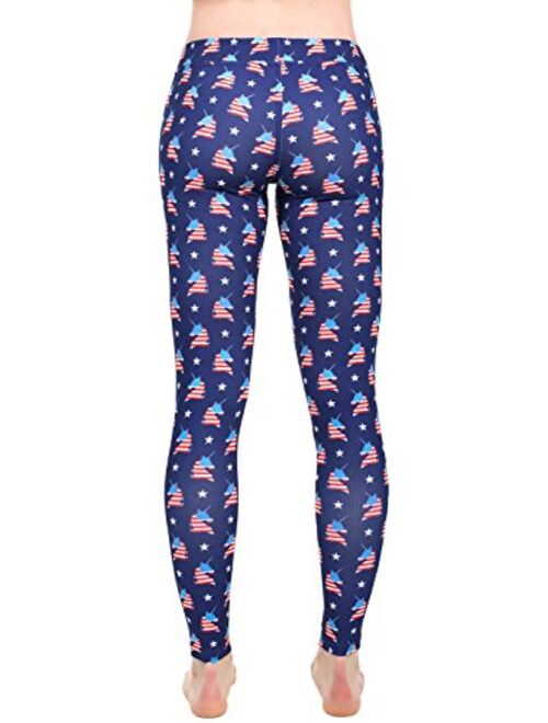 Tipsy Elves Patriotic Leggings for Women - Fun and Cute 4th of July Leggings Womens Mid Waisted USA Pants Red White Blue