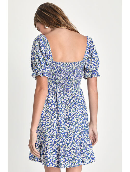 Lulus Grateful Feelings Blue Floral Print Puff Sleeve Mini Dress