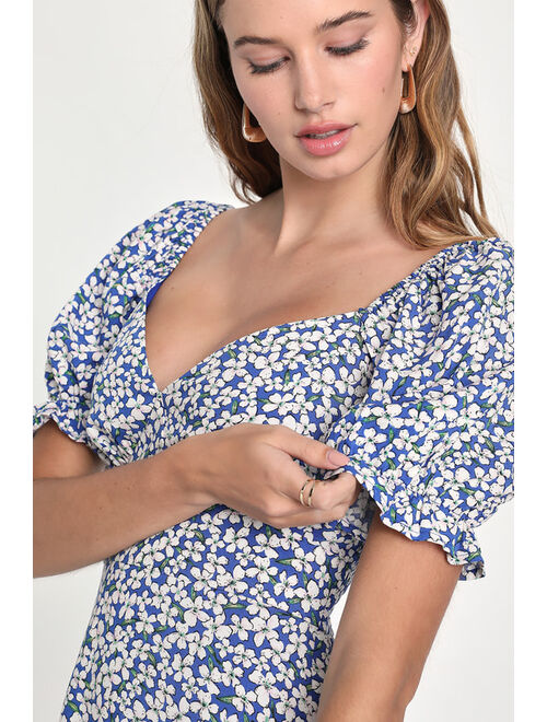 Lulus Grateful Feelings Blue Floral Print Puff Sleeve Mini Dress