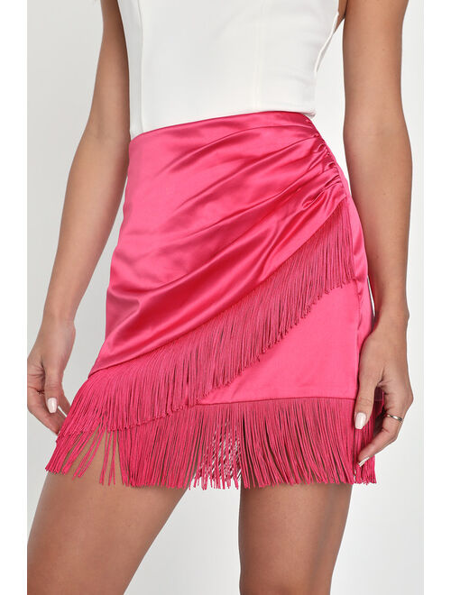 Lulus Celebration Charisma Magenta Satin Faux-Wrap Fringe Mini Skirt