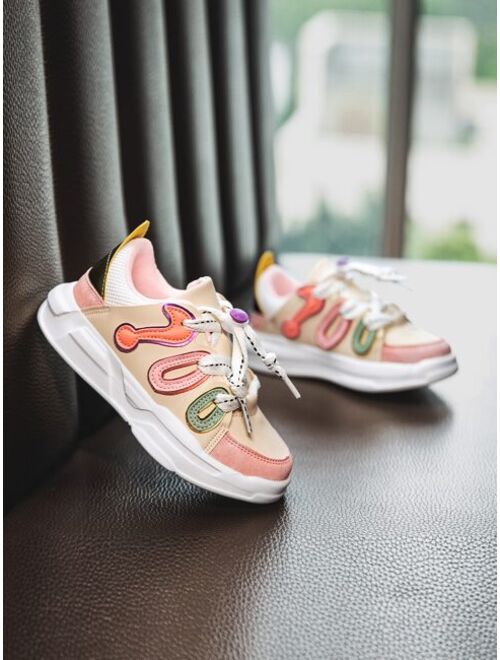 Xiemo Shoes Girls Color Block Drawstring Design Sneakers, Fashionable Outdoor Chunky Sneakers For All Season