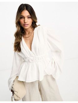 NA-KD x Lydia Tomlinson wide sleeve volume blouse in off white