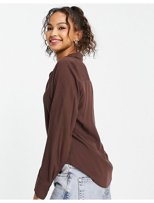 Monki fitted crepe shirt in brown