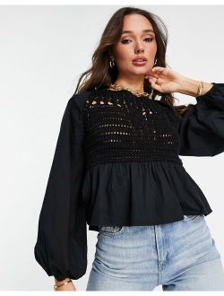 long sleeve top with crochet detail and tie waist in black