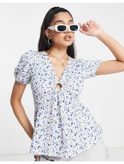 keyhole blouse in blue ditsy floral