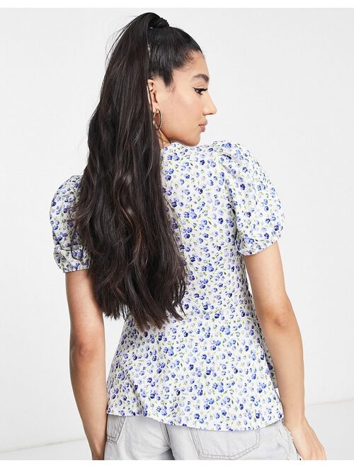 New Look keyhole blouse in blue ditsy floral