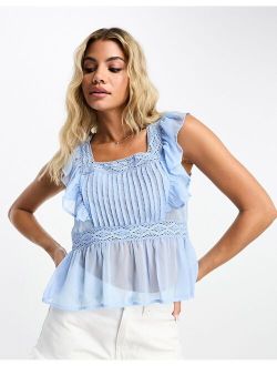 festival chiffon lace insert pintuck cami top in blue
