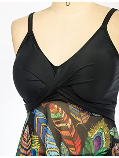 Scarlet Darkness Women's Swimdress Swimsuits Plus Size Tummy Control Tankini Bathing Suits Two Piece