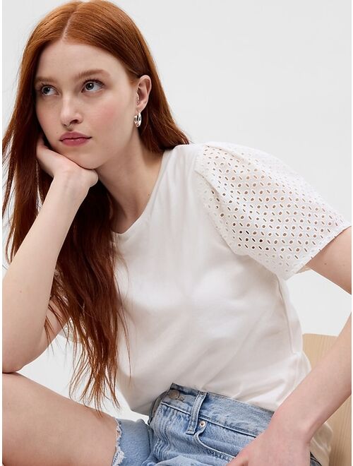 Gap 100% Organic Cotton Vintage Eyelet Puff Sleeve T-Shirt