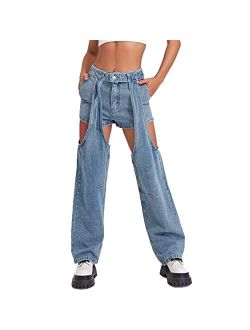 Viatabuna Women's Ripped Straight Leg High Waist Jeans Baggy Loose Distressed Wide Leg Denim Pants Vintage Boyfriend Jeans