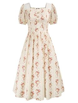 Women Elegant Victorian Dress Floral Square Neck Dresses Vintage 1950's Dress