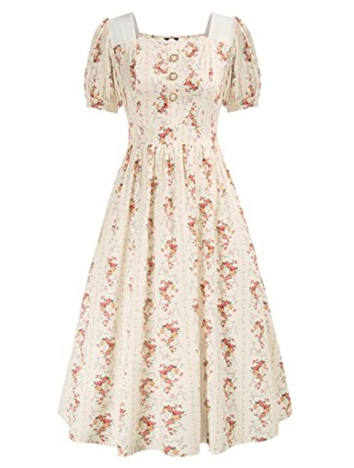 Scarlet Darkness Women Elegant Victorian Dress Floral Square Neck Dresses Vintage 1950's Dress
