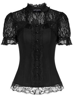 Victorian Tops Short Lace Sleeve Shirts Stand Collar Blouse