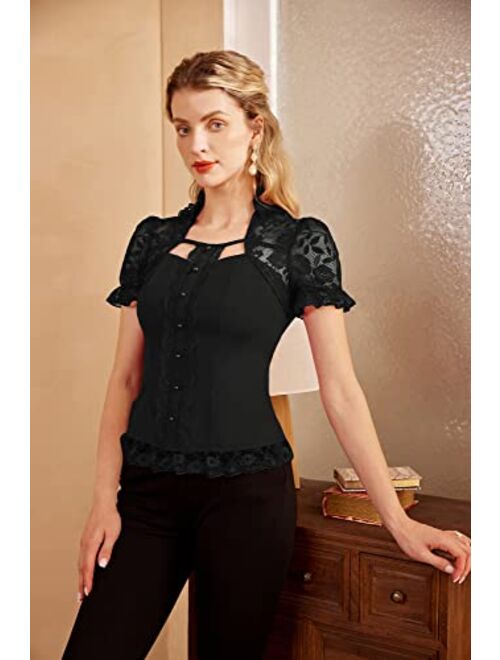 Scarlet Darkness Victorian Tops Short Lace Sleeve Shirts Stand Collar Blouse