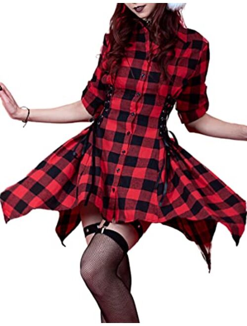 Scarlet Darkness Women Gothic Plaid Shirt Dress Lace Up Handkerchief Hem Dress