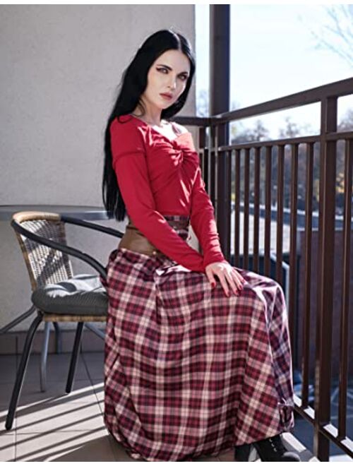 Scarlet Darkness Women Gothic Punk Plaid Midi Skirts High Waist A-Line Long Skirt
