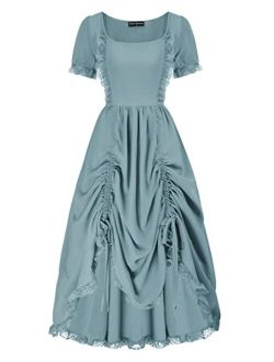 Women Victorian Renaissance Dress Ruffle High Low Dress with Drawstring S-2XL