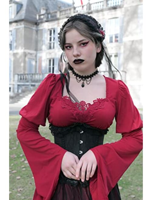Scarlet Darkness Women Renaissance Peasant Blouse Lace Square Neck Flowy Sleeve Top