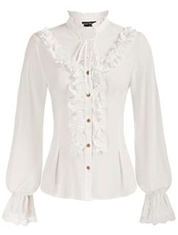 Women Victorian Ruffle Blouse Tops Stand Collar Long Sleeves Shirt
