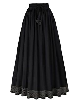 Long Maxi Skirts for Women Elastic High Waist Drawstring Renaissance Skirt with Pockets