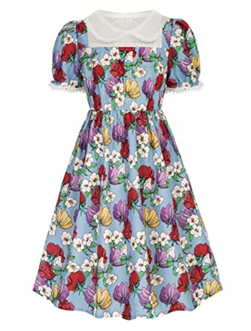 Scarlet Darkness Girls Floral Puff Sleeve Dress Ruffle Trim A-Line Midi Dress for 6-12 Years Kids