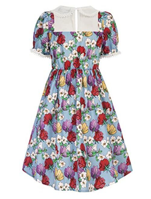 Scarlet Darkness Girls Floral Puff Sleeve Dress Ruffle Trim A-Line Midi Dress for 6-12 Years Kids