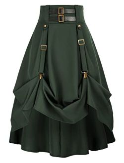 Women Goth Steampunk Skirt High Waist Stretch Midi A-Line Skirt with Pockets S-2XL