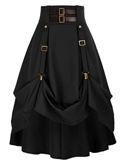 Women Goth Steampunk Skirt High Waist Stretch Midi A-Line Skirt with Pockets S-2XL