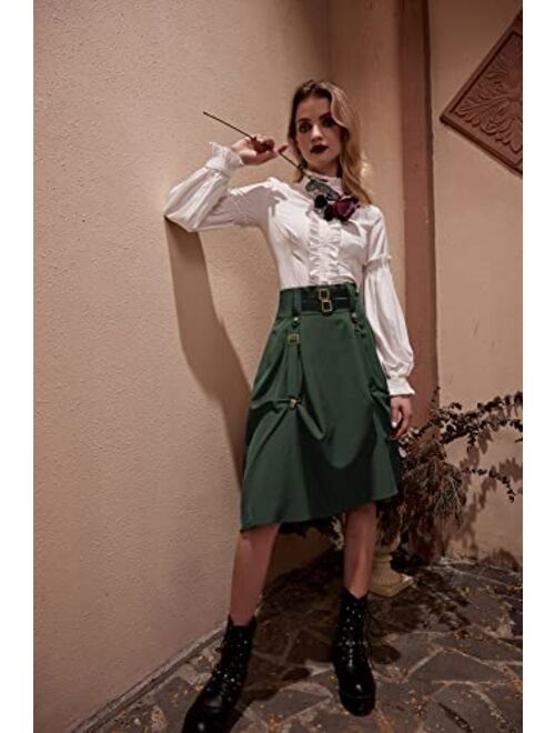 Scarlet Darkness Women Goth Steampunk Skirt High Waist Stretch Midi A-Line Skirt with Pockets S-2XL
