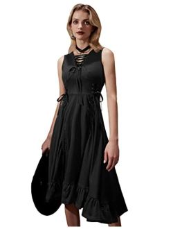 Women Steampunk Gothic Dress Lace Up Ruffled Sleeveless High Low Dress