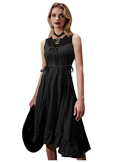 Scarlet Darkness Women Steampunk Gothic Dress Lace Up Ruffled Sleeveless High Low Dress