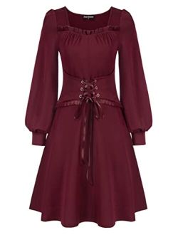 Women Gothic Skater Dress Square Neck Lace Up Ruffle Dress Vintage Cocktail Dress