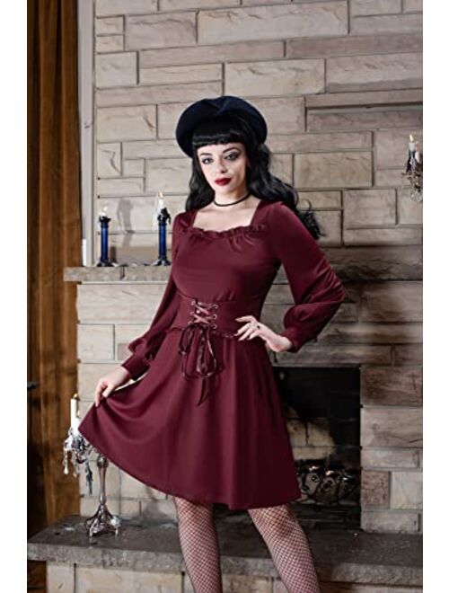 Scarlet Darkness Women Gothic Skater Dress Square Neck Lace Up Ruffle Dress Vintage Cocktail Dress