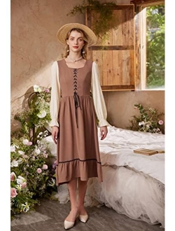 Womens Midi Dress Long Sleeve Modest Dress Square Neck Peasant Renaissance Dress