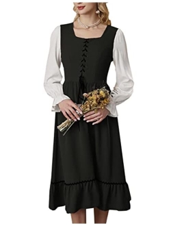 Womens Midi Dress Long Sleeve Modest Dress Square Neck Peasant Renaissance Dress