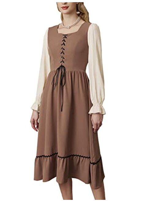 Scarlet Darkness Womens Midi Dress Long Sleeve Modest Dress Square Neck Peasant Renaissance Dress
