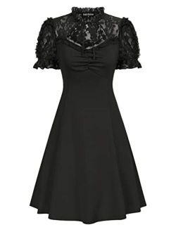 Women Lace Gothic Dress Puff Sleeve Cocktail Party Skater Dress