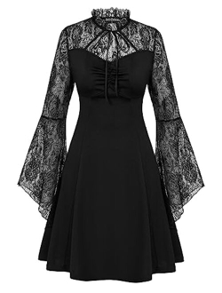 Women Lace Gothic Dress Puff Sleeve Cocktail Party Skater Dress
