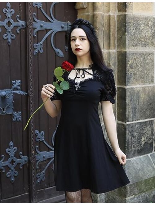 Scarlet Darkness Women Lace Gothic Dress Puff Sleeve Cocktail Party Skater Dress